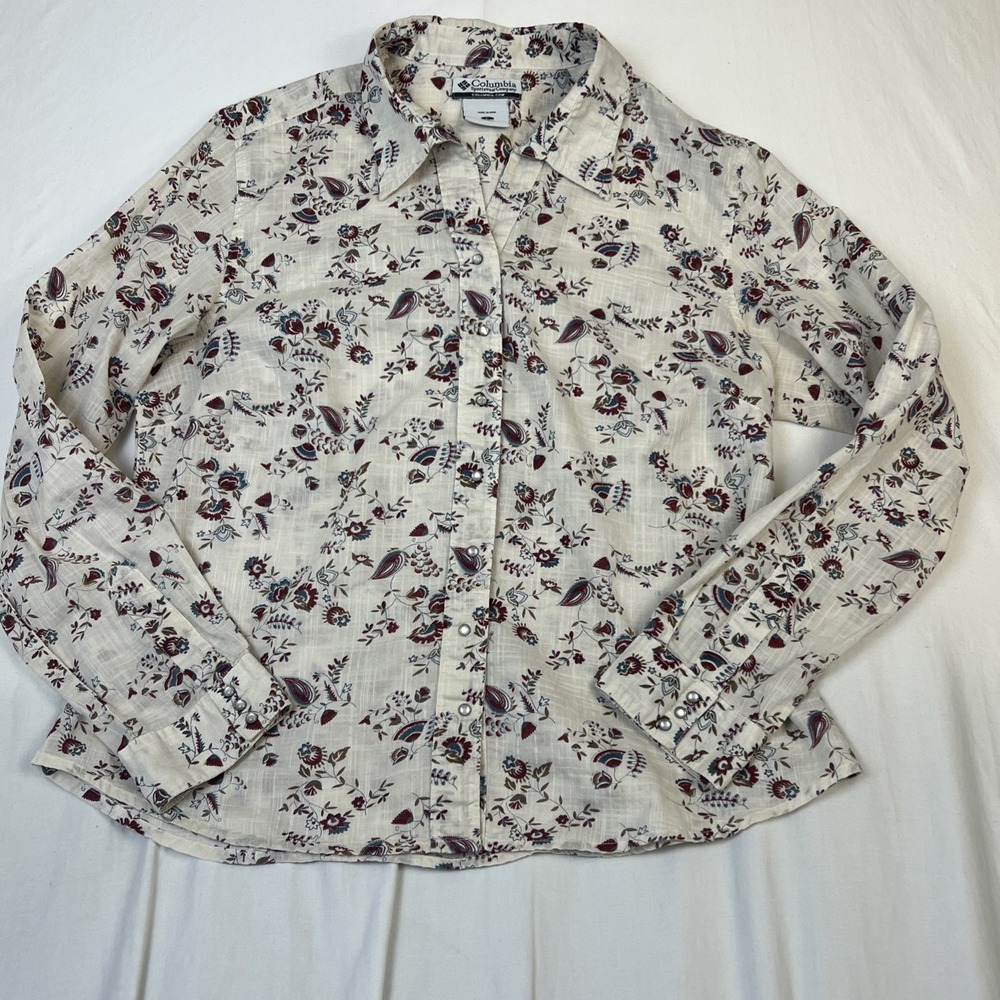 Columbia Womens Floral Paisley Snap Front Shirt Cream Cotton AL7894 Large